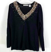 00s VICTORIA JONES Vintage Black Sequin V-Neck Knit Sweater