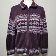 Vintage Tiara International 90s Plum Fair Isle Full Zip Cardigan Size Large