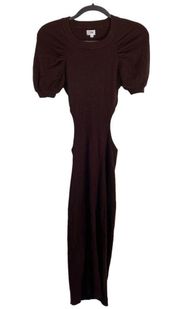 LPA Clementine Cutout Midi Dress Chocolate Brown Ribbed Knit Puff Sleeve Small