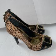 Leopard Animal Print Peep Toe Buckle Stud Detail Heels size 7.5