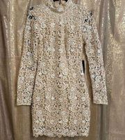 Venus Ivory Gold Lace Open Back Long Sleeve Delicate Mini Dress, 8 NWT