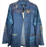 Johnny Was Moonlight Tie Dye Patchwork Military Jacket L Denim Embroidered