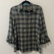 ALICE + OLIVIA Jill Plaid Ruffle Sleeve Button Down Shirt, Olive/Grey, Size S