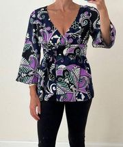 EUC Tibi Silk Paisley Navy & Purple Tie Front Tunic Top 3/4 Sleeve Sz Small