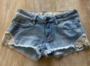 Roxy crochet side distressed destroyed daisy duke denim shorts 0