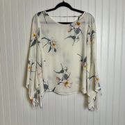 Ivory floral semi-sheer blouse flowy bell sleeves back cut out size large