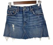 𝅺 Size 25 Eva A Frame High Rise Button Fly Denim Distressed Mini Skirt