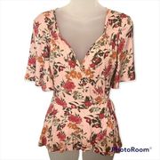 Women's Pink Floral Peplum Wrap Top Size Small