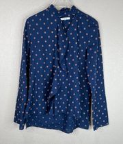 Derek Lam 10 Crosby Blouse Top Navy Ruffle Front Long Sleeve Embroidered Cotton