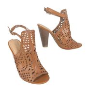 BAMBOO Tan Laser Cut High Heel Booties Faux Leather Ankle Strap Women's 8.5