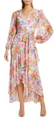 Eliza J Floral Chiffon Ruffle V Neck Tie Waist Midi Dress Size 2 NWT