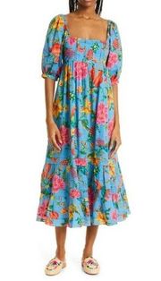 Farm Rio Womens Dress Toucans Garden Midi Puff Sleeve Cut-Out Floral Blue Size S