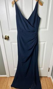 Dress The Population Womens Ruched Side Slit Sleevless V Neck Jordan Gown Navy S