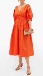 NWT Self Portrait Orange Poplin Tiered Puff Sleeve Midi Dress Womens Size 2
