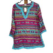 All For Color Hadley Multicolor Aztec Print Half Sleeve Tunic Coverup Top Sz L