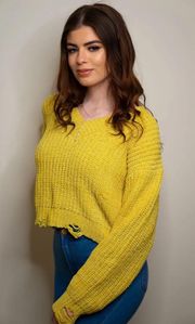 Distressed Cropped Long Sleeve V-Neck Chenille Sweater in Yellow - Small