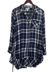 Motherhood Top Maternity M Navy Collared Plaid Button Up Belt Rayon High Low Hem