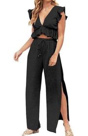 NEW 2 Pc Set Deep V Neck Crop Top Side Slit Drawstring Wide Leg L