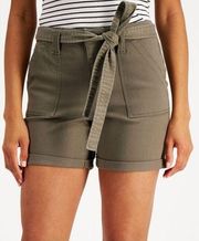 NWT Style & Company Stretch Pocketed Sash Tied Cuffs Short Olive Drab 4 Petite