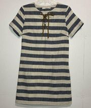 ELLISON Womens Small Striped Linen Cotton Dress Leather Tie Neckline Pockets