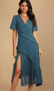 Next To You Slate Blue Swiss Dot Ruffle Dress