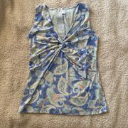 Venus Summer Paisley Light Blue Plunging V-Neck Ruched Sleeveless Blouse