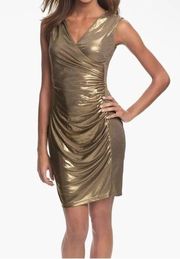 Andrew marc ruched gold jersey sheath dress