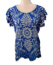 Solitaire Blue Floral Embroidered Ruffle Top Sz M