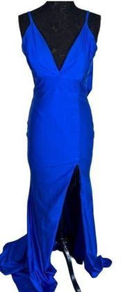 Sz M  Electric Blue Gown Cowl Open Back and Side Slit Dress