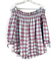 Madras Multicolored Plaid Print Off The Shoulder Blouse Medium M