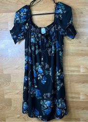 Blue Rain Size Medium Lined Mini Dress with Puffed Sleeves Black w/Flora…