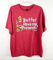 DR. SEUSS Red Marled Short Sleeves Grinch “Better Have My Presents” Tee, Size XL