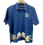 Vintage Erika Womens XL Button Front Short Sleeve Shirt Top Tropical Navy Summer