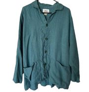 Vintage FLAX Linen Long Sleeve Button Down Oversized Collar Top Teal Green Blue