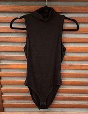 AQUA Basic Black Backless Cut Out Mock Neck Bodysuit XS Made in USA $60