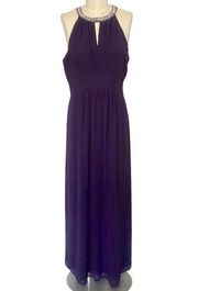 Purple Chiffon Beaded Keyhole Halter Maxi Dress Gown size Large bridesmaid