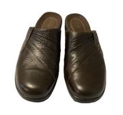 Clarks Women Brown Pebble Leather Slip on Mule Wedge Heel Clog Shoes size 9