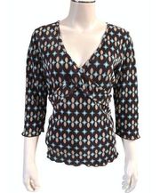 Apostrophe 100% Polyester Printed V-Neck Lightweight Long Sleeve Blouse Sz S/C