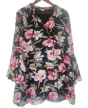 Umgee Black Floral V-Neck Dress M Bell Sleeves Knee Length Casual Party