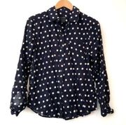 ANN TAYLOR Navy Blue White Polka Dot 100% Cotton Long Sleeve Light Button Down