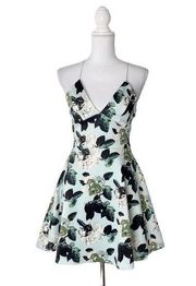 Spaghetti Strap V Neck Floral Roses Mini Fit and Flare Dress Casual Small