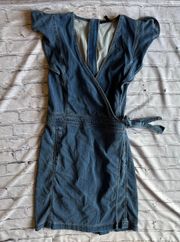 White House Black Market Denim Ruffled Wrap Dress Pockets Size 8 