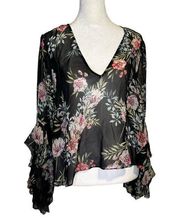 Intermix black floral sheer long bell- sleeve top size S