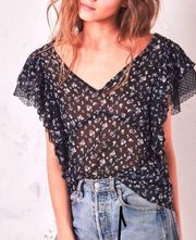 LOVE SHACK FANCY Black Floral Print V-Neck Ruffled Kimono Sleeve Blouse szM