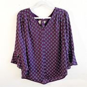 41 Hawthorn Blouse Purple Patterned V Neck Bell Sleeve L NWT Tie Back Stitch Fix