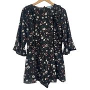 SHE + SKY Romper Size Medium Floral Black Ruffle Long Sleeve Open Back Garden