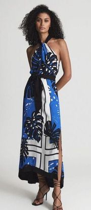 Reiss‎ Erin Blue Palm Halter Midi Dress NWT