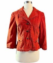 SANDRO Corduroy Jacket Blazer Cotton Red Collar Long Sleeve Ruffle Trim Small