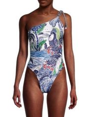 Farm Rio Graphic Rio One Piece One Shoulder Printed Swimsuit Size XS NWOT