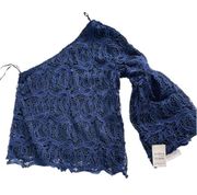 Chelsea28 Shirt Womens X Small Blue Lace Overlay One Shoulder Bell Sleeve Poly